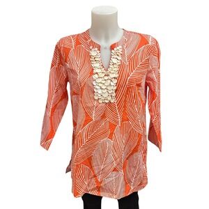 Talbots Women's‎ Embellished Palm Tunic Blouse Orange 3/4 Sleeves sz XS new